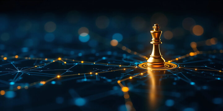 Leadership Strategy Concept with Crystal Chess Pawns on Golden Connected Network