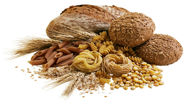 Assortment of bread pasta grains, and corn kernels