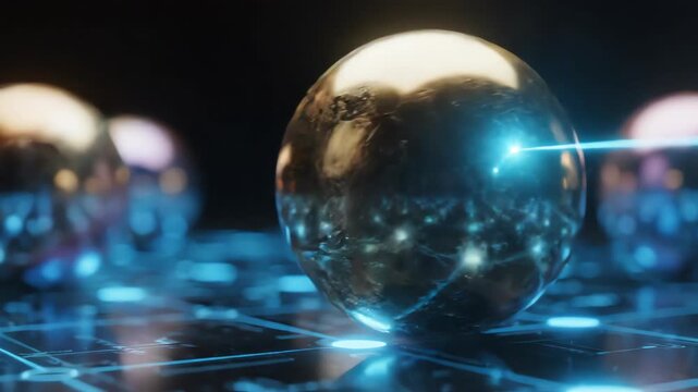 Cinematic close up of glowing metallic spheres moving slowly on a dark reflective surface representing secure digital assets and systematic verification