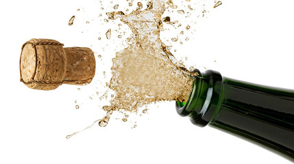 Champagne cork popping with splash of golden liquid from green bottle © Lena