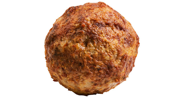 Round baked meatball with textured brown crust