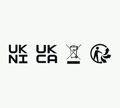 UKNI UKCA WEEE and Recycling Compliance Mark Set for Product Regulatory Conformity and Electronic Waste Labeling Standards