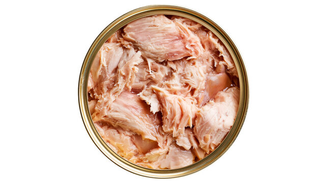 Opened tin can with shredded tuna fish meat