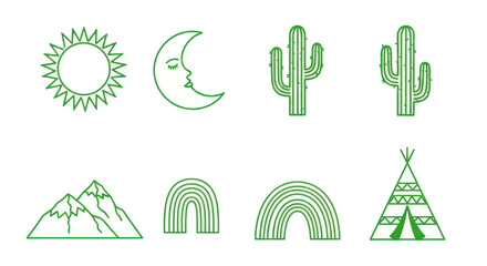 Green desert nature icon set with sun moon cactus and mountains © Entung
