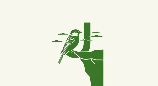 Green bird perched on a tree branch silhouette.