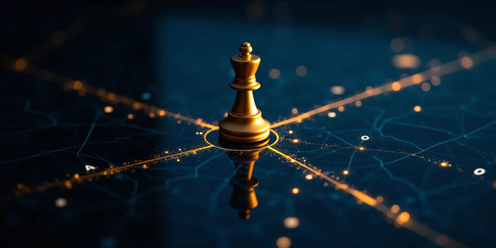 Leadership Strategy Concept with Crystal Chess Pawns on Golden Connected Network