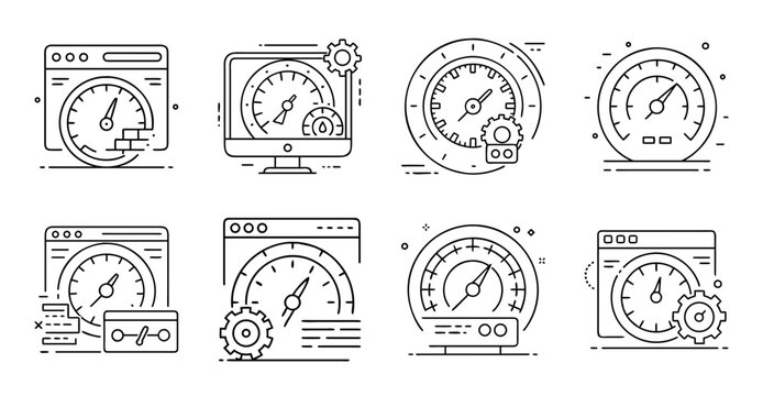 Set of vintage car dashboard speedometer and gauge icons - Collection of classic car dashboard gauges including speedometer, tachometer, fuel, and temperature indicators in a retro style.