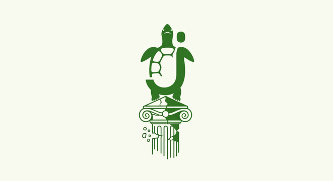 Green turtle standing on ancient column illustration.