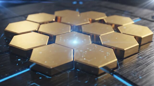 Cinematic close up of golden hexagonal blocks moving into a precise interlocking pattern on a futuristic metallic surface for secure system architecture