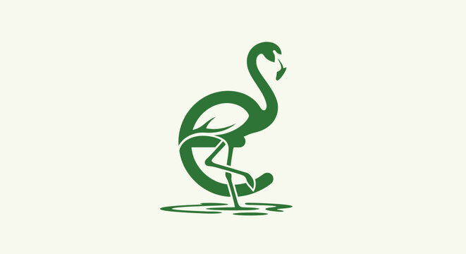 Elegant green flamingo logo design illustration.