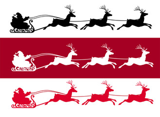Christmas Santa sleigh and flying reindeer silhouette vector set. Red, black, and white laser cutting stencil templates isolated on background for holiday vinyl decals and festive designs.   © Bluesky images