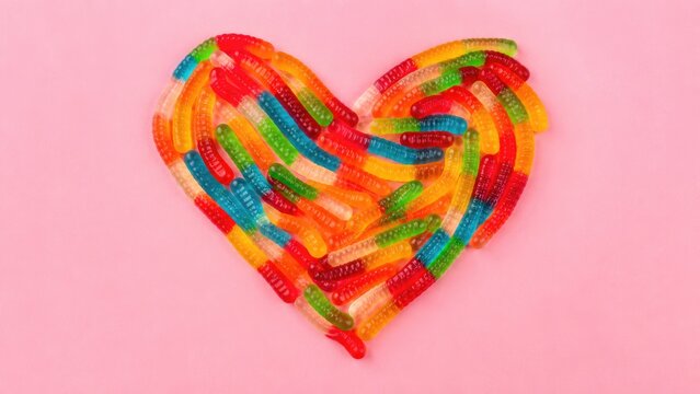 Heart shape made from colorful gummy worms on a pink background