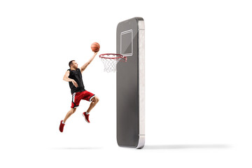 Basketball player dunking a ball into a hoop attached to a large smartphone © Ljupco Smokovski