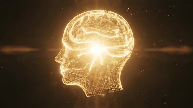 Glowing gold brain silhouette representing human intelligence, power inside thinking head. Creative mind concept with flash light, neural network profile, digital mental energy, medical science
