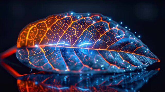Futuristic glowing leaf with a network of orange and blue veins, reflecting on a dark surface