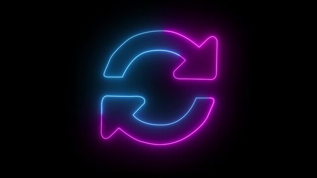 Blue and purple color neon line refresh arrow icon on black background. 4k animation video.