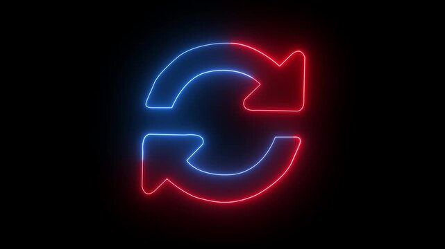 Blue and red color neon line refresh arrow icon on black background. 4k animation video.