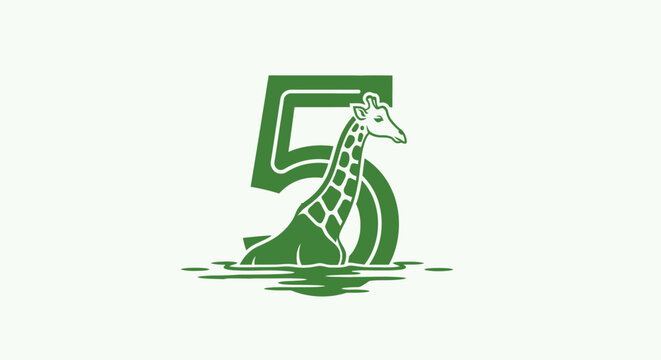Green giraffe head emerging from stylized number five.