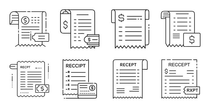 Flat icons showing documents and receipts - Minimalist vector icons of documents, invoices, receipts, and files in a clean, organized layout.