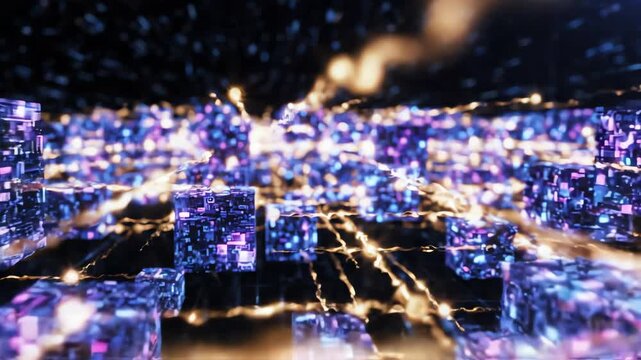 Cinematic macro shot of glowing translucent digital blocks connecting via light pulses representing a decentralized blockchain network expansion