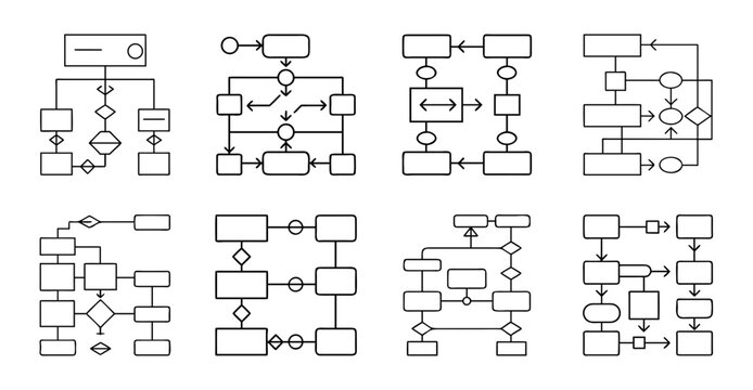 Flowchart with decision and process symbols - Clean vector flowchart icons showing decision diamonds, process boxes, and flow arrows for diagrams and presentations