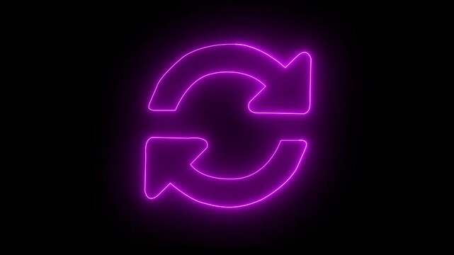 Pink color neon line refresh arrow icon on black background. 4k animation video.