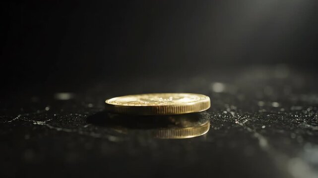 Cinematic slow motion close up of a shiny metallic gold coin spinning and wobbling on a dark reflective surface until it falls