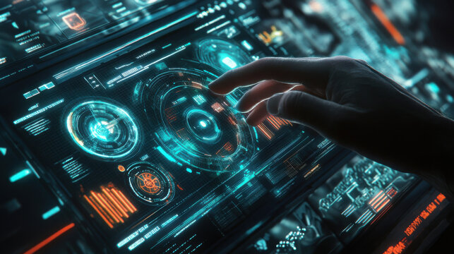 Digital audio workstation interface with futuristic soundwave visualizations in dark neon studio