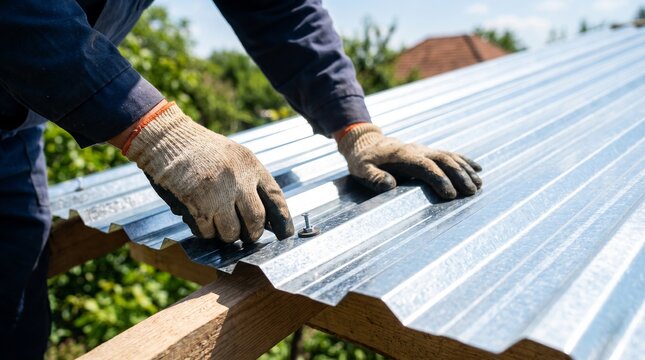 Construction worker installing corrugated metal roofing sheets on a wooden frame