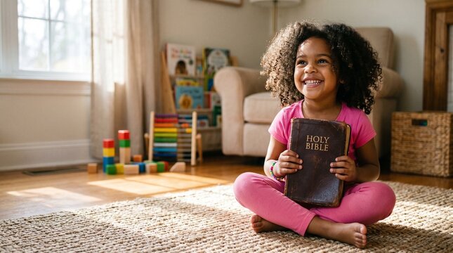 Young girl with curly hair smiling and holding a Holy Bible