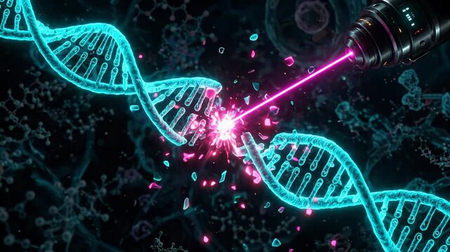 Glowing blue double helix dna cell undergoing precise gene modification via pink laser beam, representing advanced futuristic biology research, science technology engineering