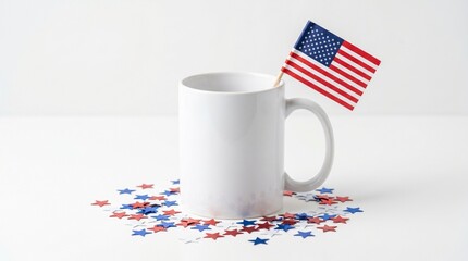 Obraz premium White ceramic mug with small American flag and patriotic star confetti on a white surface