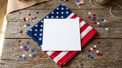 Obraz premium Festive Fourth of July celebration setup with American flag napkin and scattered confetti on rustic