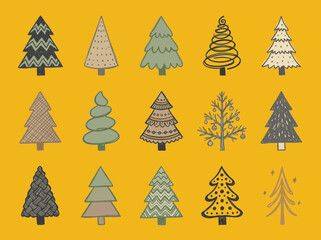 Obraz premium A Whimsical Collection of Diverse Christmas Trees Patterned on a Yellow Background
