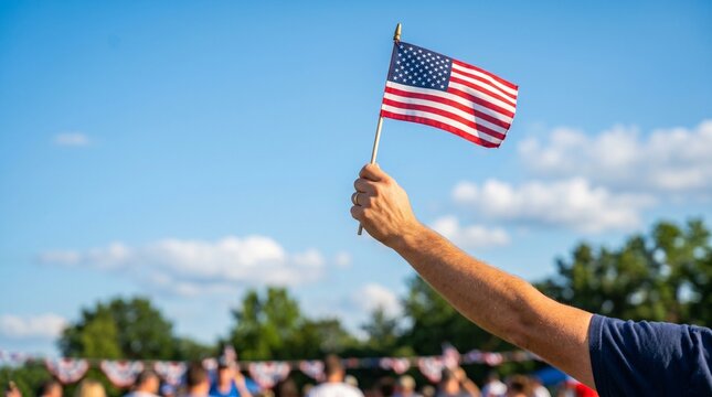 Hand holding American flag proudly waving in clear blue sky during outdoor patriotic celebration