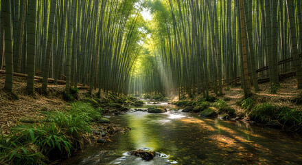 Fototapeta premium Serene bamboo grove landscape with sunbeams over tranquil stream