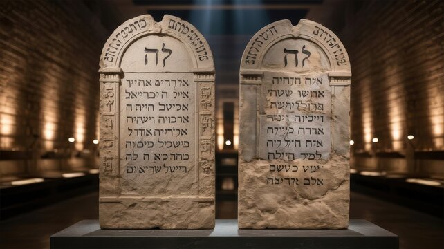 Ten commandments stone tablets with hebrew text in dark room