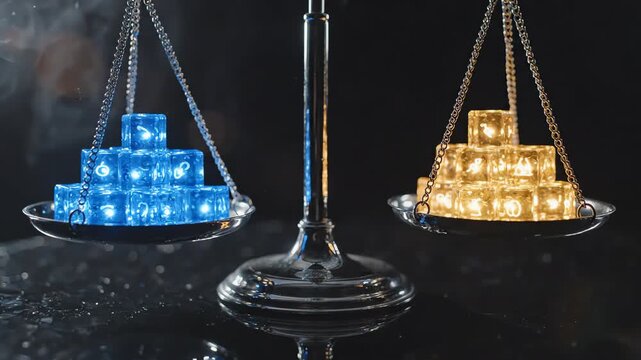 Elegant close up of glowing metallic scales balancing abstract light cubes symbolizing data privacy legislation and security balance