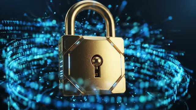 Futuristic golden padlock rotating in a stream of flowing digital light symbolizing secure data privacy and legal compliance