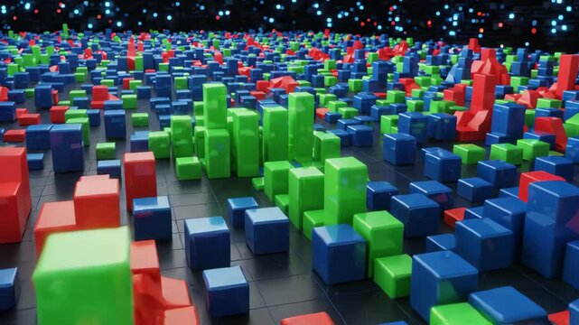 Dynamic 3D motion graphics of shifting geometric blocks in a grid rising and falling to simulate complex financial data fluctuations