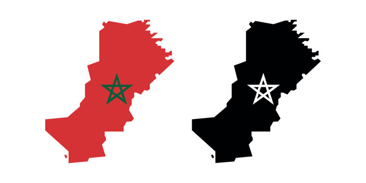 Morocco map in red and black with green and white star country border shape  in white background
