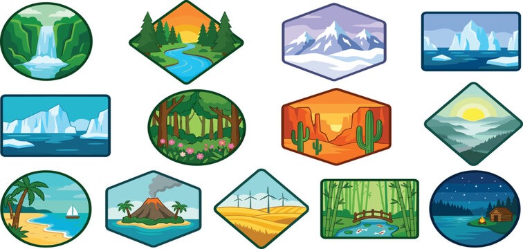 Nature landscapes vector sticker bundle featuring geometric badge icons of waterfall forest mountains glacier desert beach volcano farm and night camping scene
