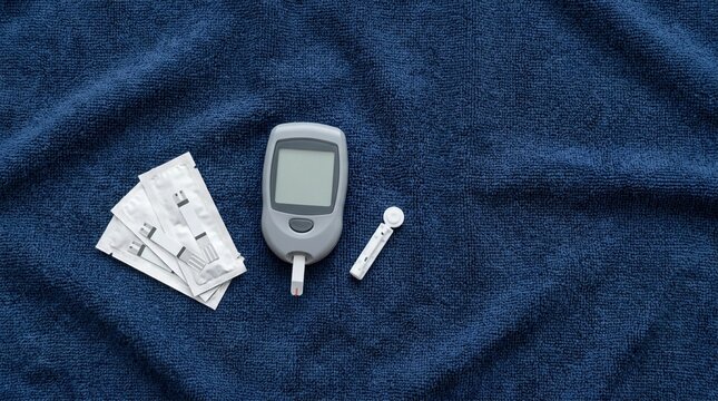 Glucose meter with test strips and lancet on a dark blue textured fabric, diabetes monitoring equipment