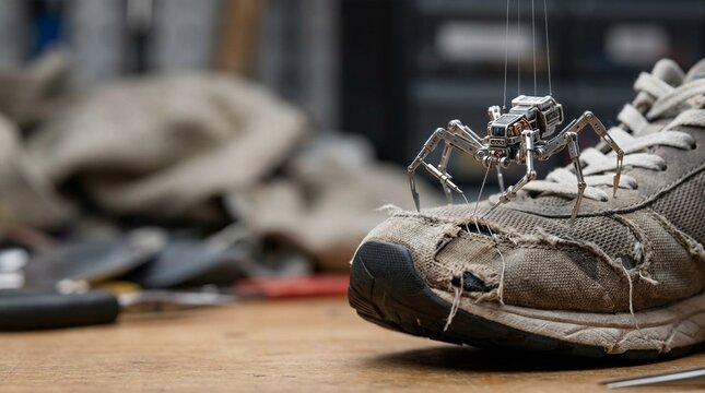 Miniature mechanical spider robot perched on a worn-out athletic shoe in a workshop setting