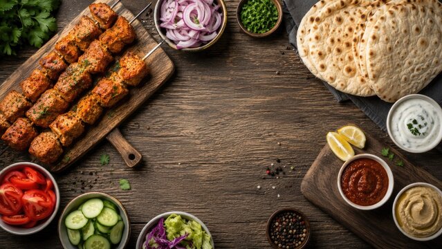 Grilled marinated kebab skewers with flatbreads, assorted sauces and fresh vegetable sides on wooden table
