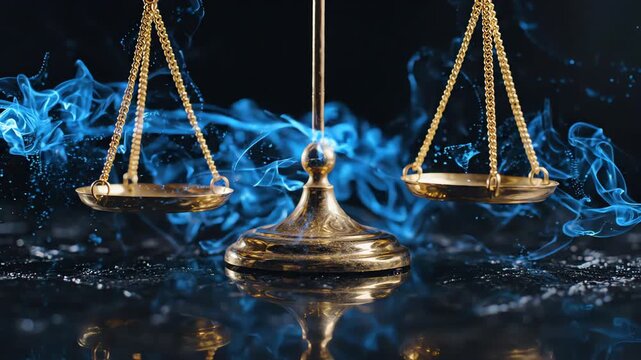 Slow motion close up of a golden balance scale achieving equilibrium on a dark reflective surface with glowing blue digital light particles