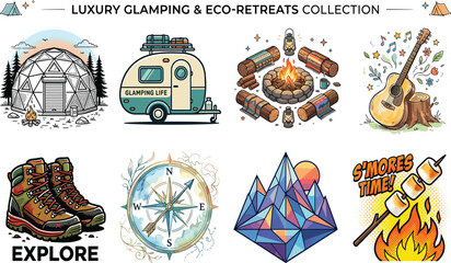 Obraz premium Luxury Glamping and Eco Retreats Vector Element Bundle Featuring Campfire Trailer Compass and Mountain Illustrations for Outdoor Adventure Graphics