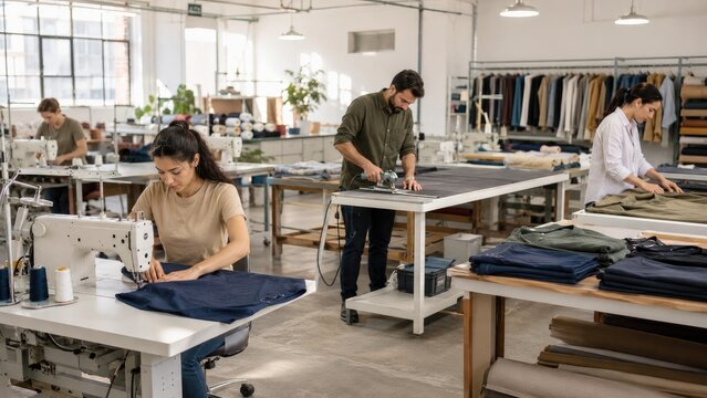 Busy garment factory workshop with workers sewing, cutting fabric and assembling clothing pieces