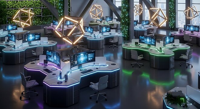 High tech workspace with neon lights and vertical green walls