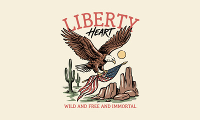 Patriotic bald eagle flying with the US flag over a desert canyon with cacti. Retro art style. © Irfan